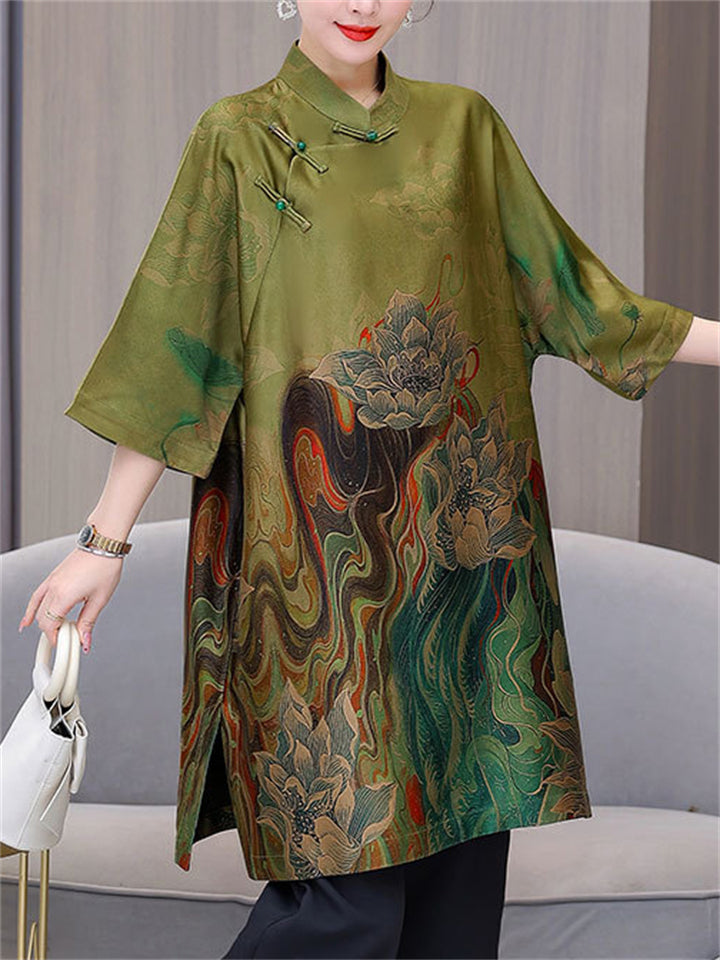 Elegant Lotus Flower Print Oriental Dresses for Women