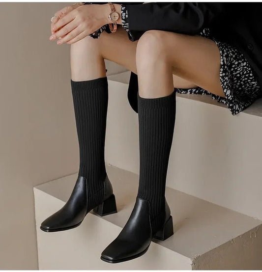 Ivyshape | Knee High Trendy Sock Leather Boots