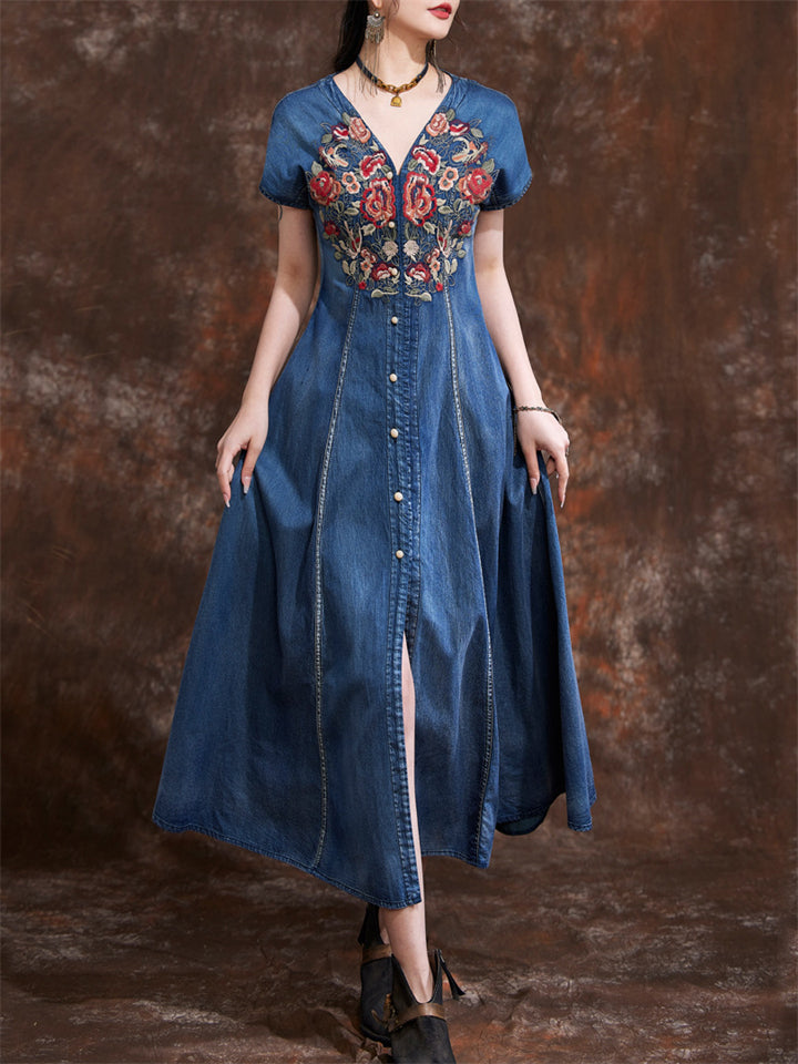 Summer Ethnic Style V-neck Embroidered Denim Dresses