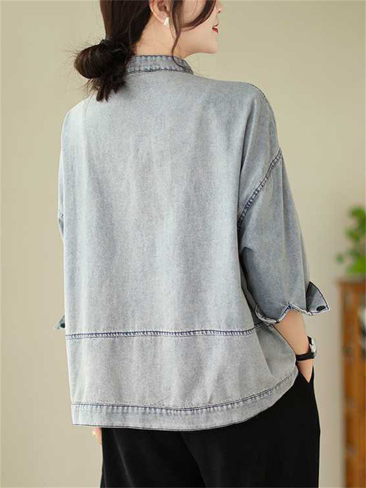 Light Blue Stand Collar Patch Pocket Short Denim Jacket