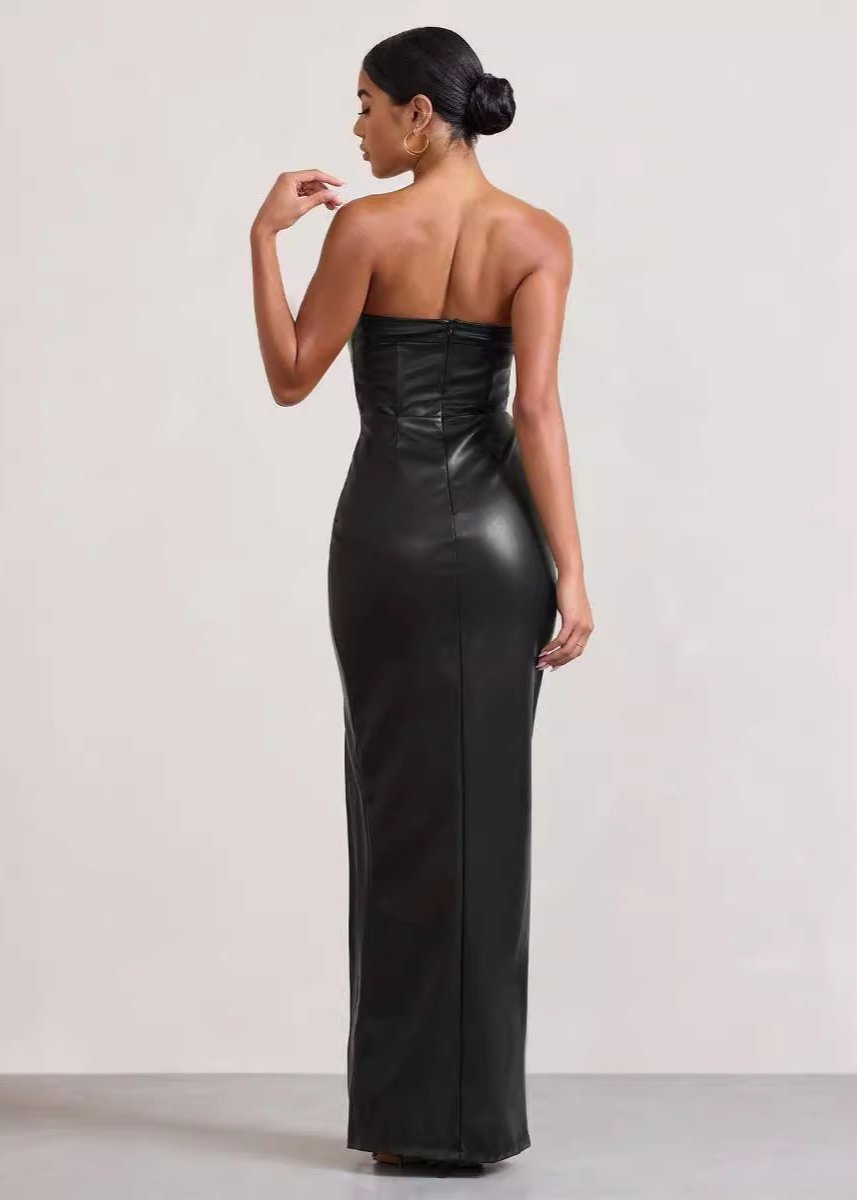 Ivyshape | Women's Slim-Fit Long Pu Leather Dress