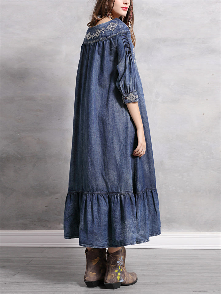 Diamond Embroidery Half Sleeve Ruffle Blue Denim Dress