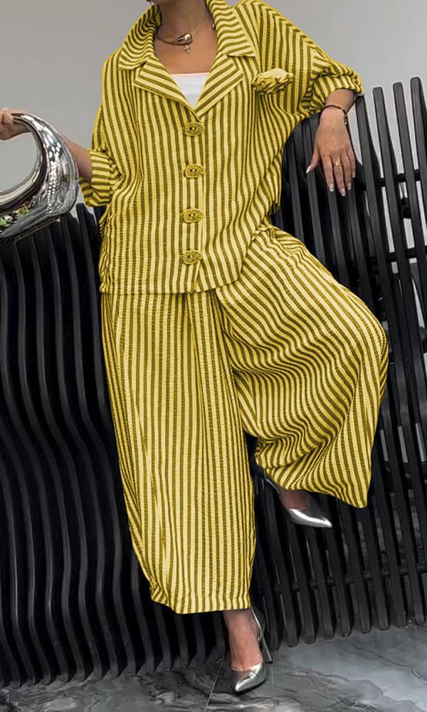 Ivyshape | Women's Comfortable Striped Top and Pants Two-Piece Set