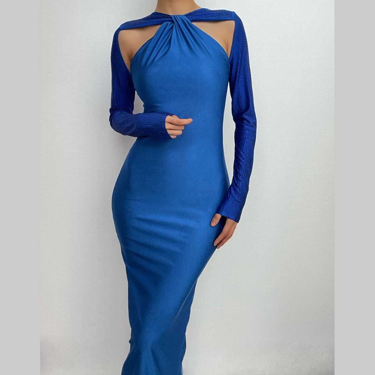 Long sleeve beaded zip-up hollow out patchwork cut out maxi dress