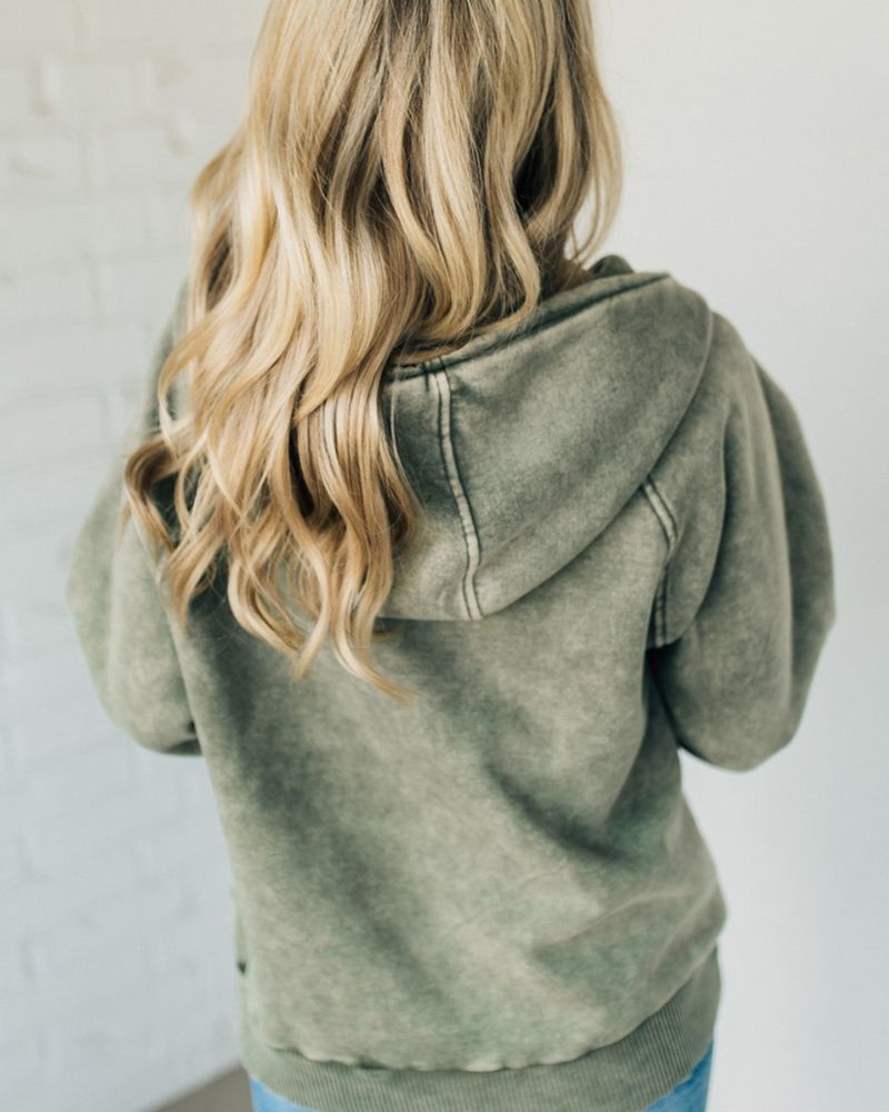 Ivyshape | Zip Henley Acid Wash Fleece Hoodie