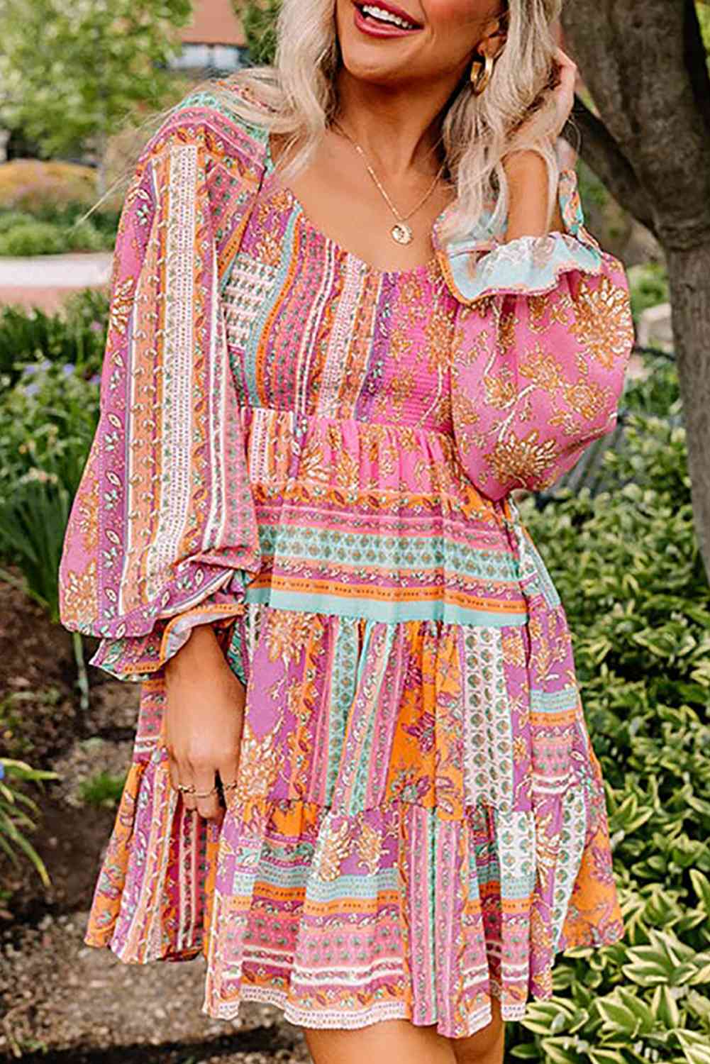 Printed Scoop Neck Flounce Sleeve Dress