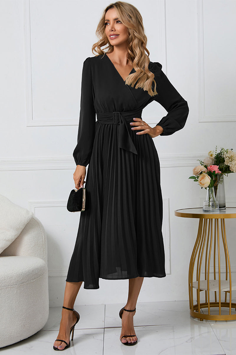 Ivyshape | V-Neck Long Sleeve Tie Waist Midi Dress