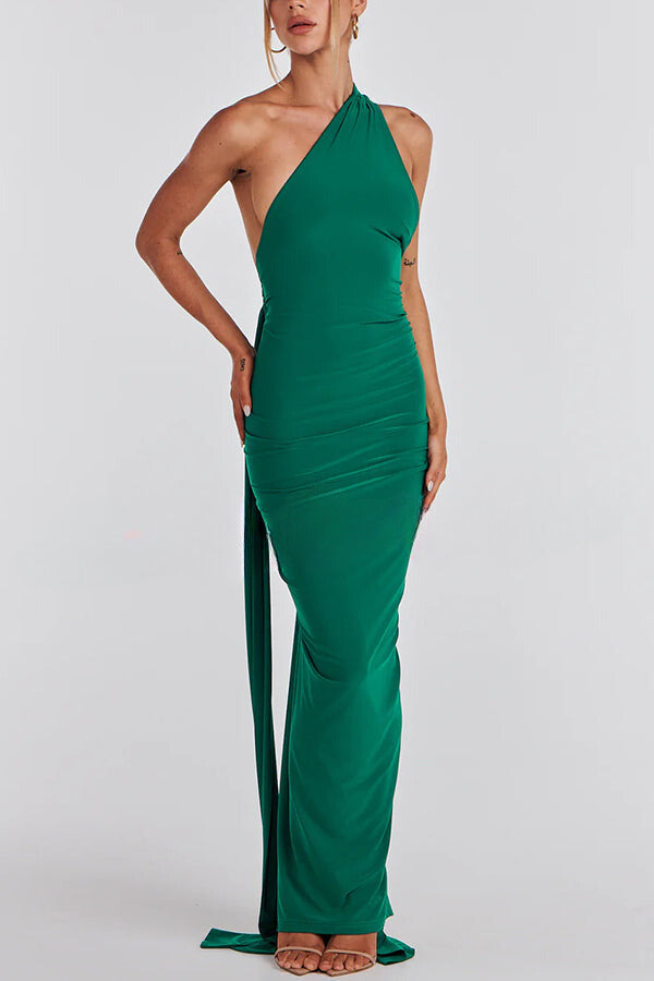 Sexy Backless Pleated Slim Solid Color Sleeveless Elegant Maxi Dress