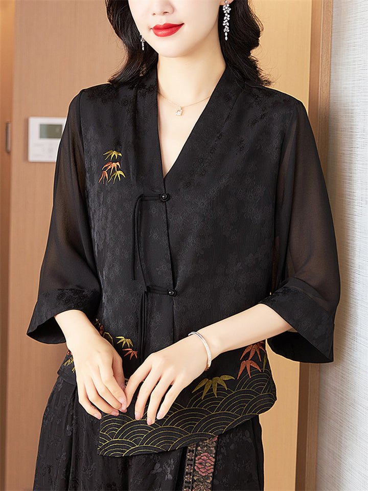 Women's Summer Ancient Style Embroidery Irregular Hem Shirt