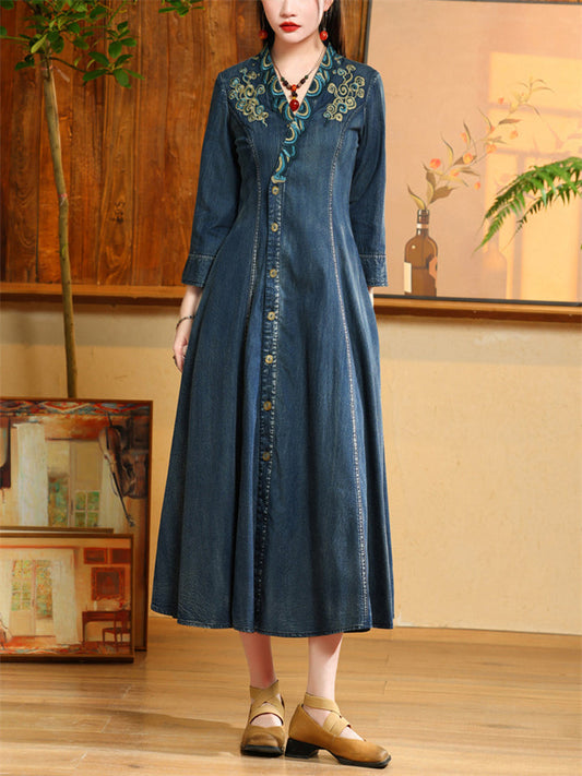 Embroidery V Neck High-Rise Women Pleated Denim Dress