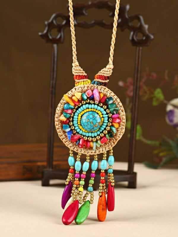 woven Folk Style Tibet Turquoise Spike Long Necklace