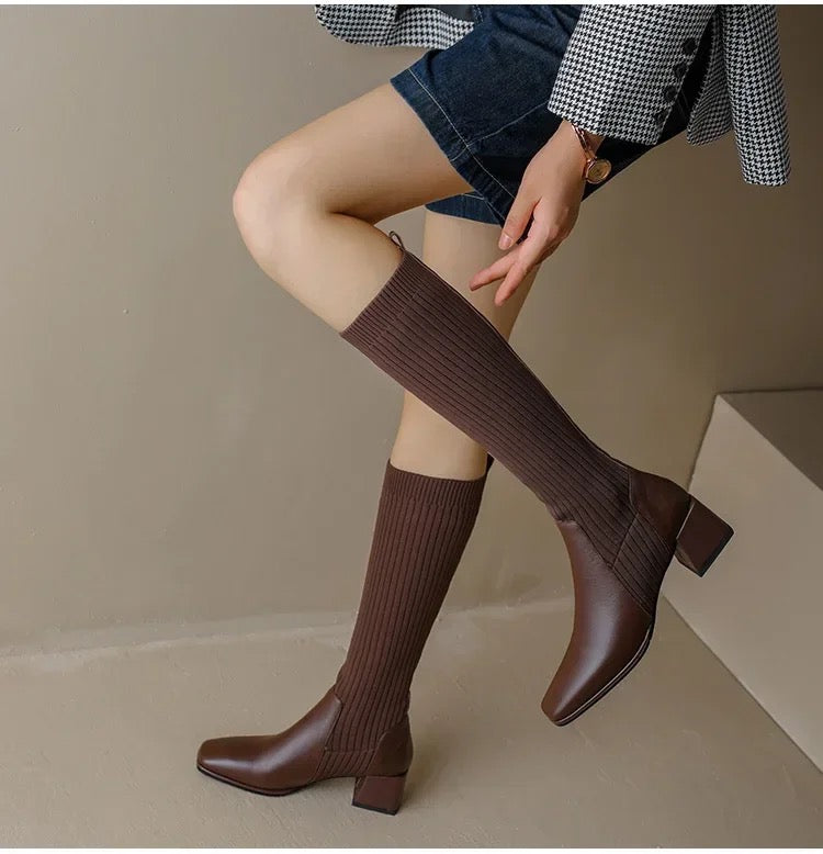 Ivyshape | Knee High Trendy Sock Leather Boots