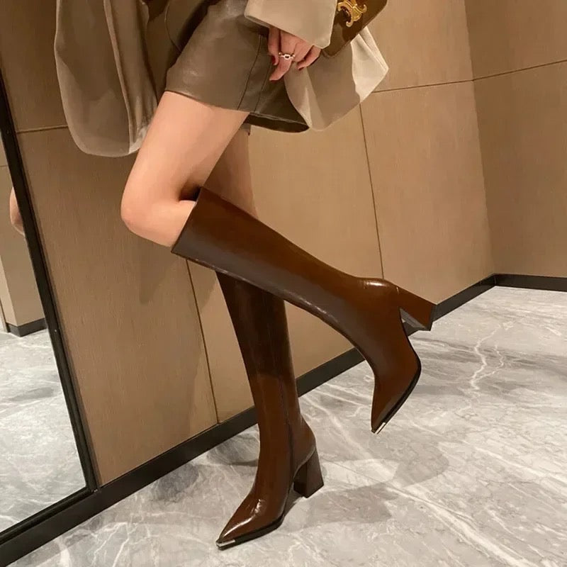 Ivyshape | Knee High Pointed Leather Boots