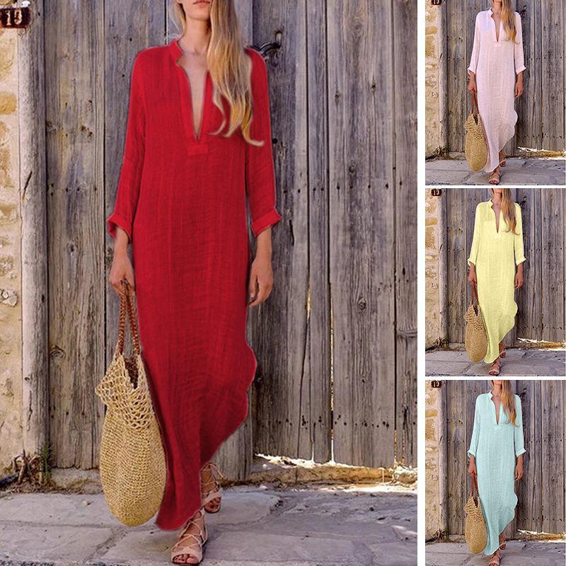 Color V Neck Long Sleeve Casual Maxi Dress