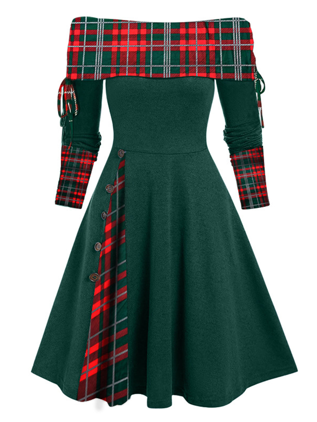 Plaid Patchwork Lace-Up Off-Shoulder Dress