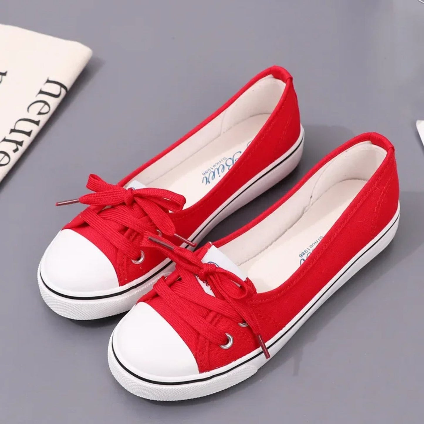 Ivyshape | Red Color Bow Lace-Up Canvas Shoes