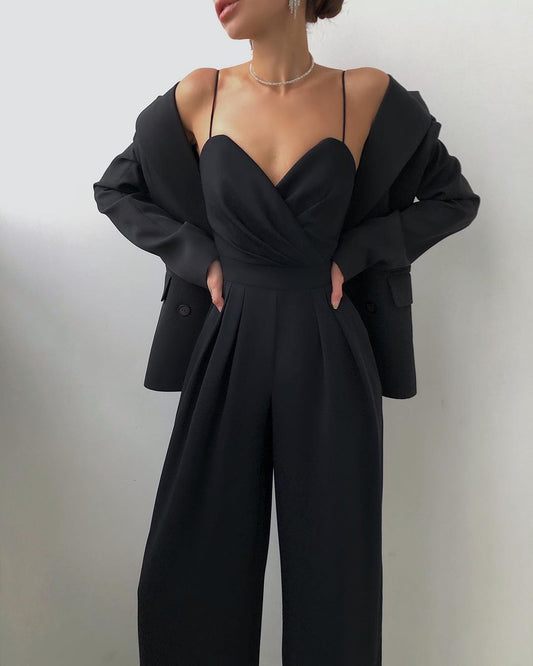 Ivyshape | Straight Jumpsuit with High Waist and Spaghetti Straps for Women