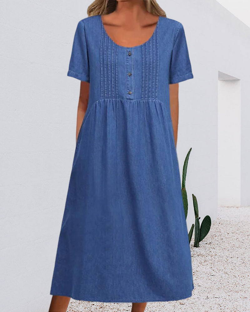 Summer Denim Midi Dress with Short Sleeves | Ideal for Summer