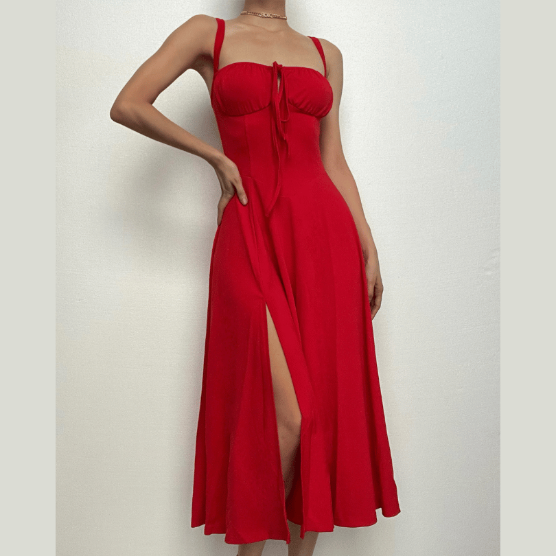 Ruched solid sweetheart neck slit sleeveless midi dress