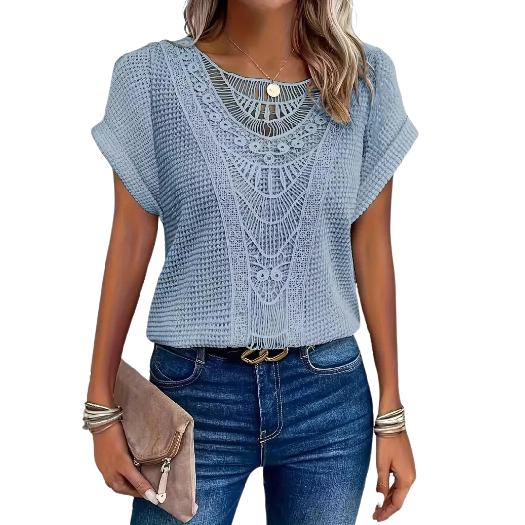 Ivyshape | Short Sleeve Top Casual Lace with Round Neck
