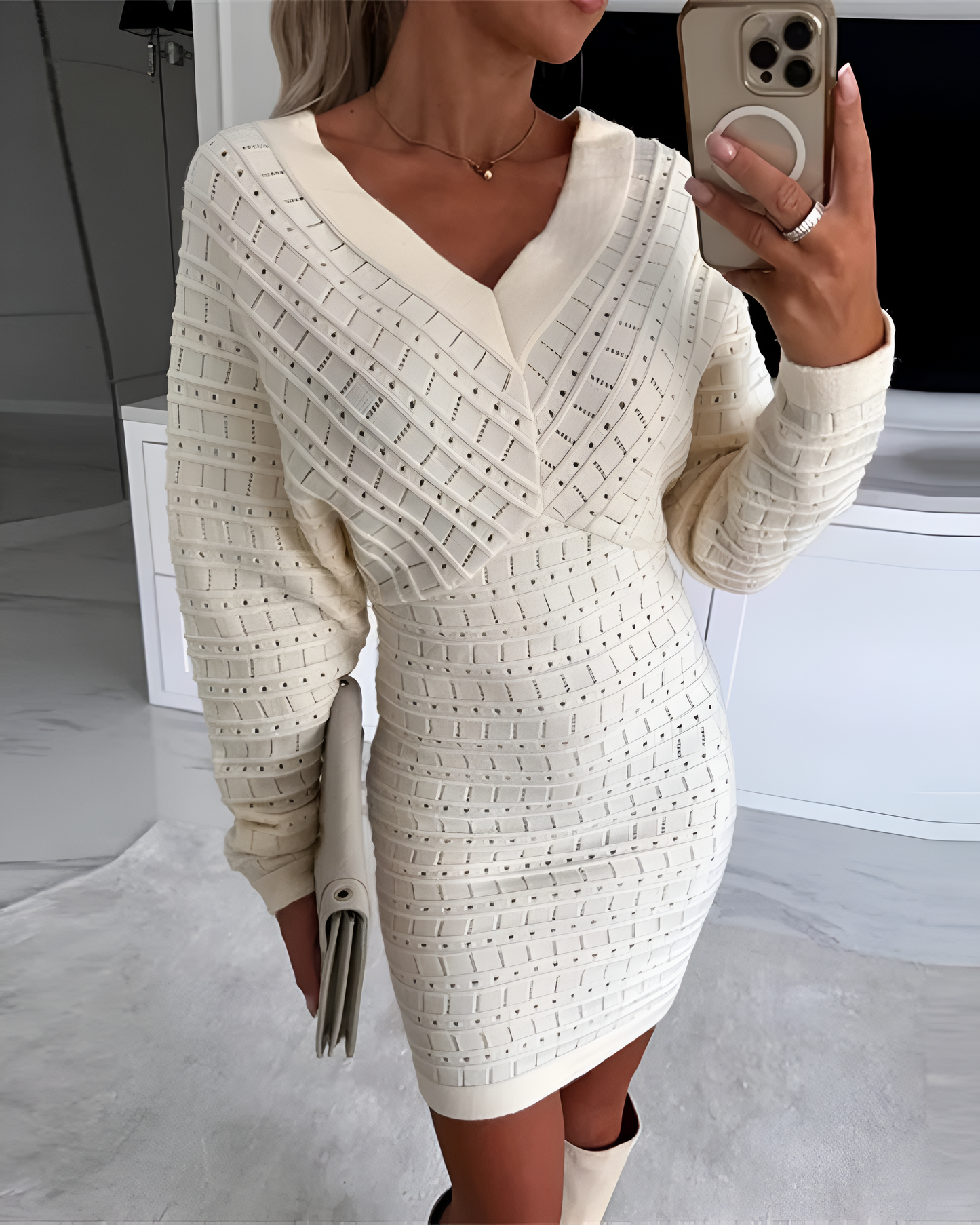 Ivyshape | Knitted V-Neck Long Sleeve Dress