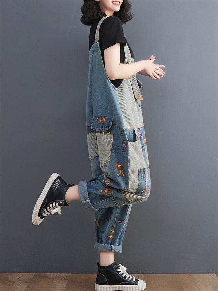 Lovely Cartoon Mouse Print Blue Denim Jumpsuit for Women