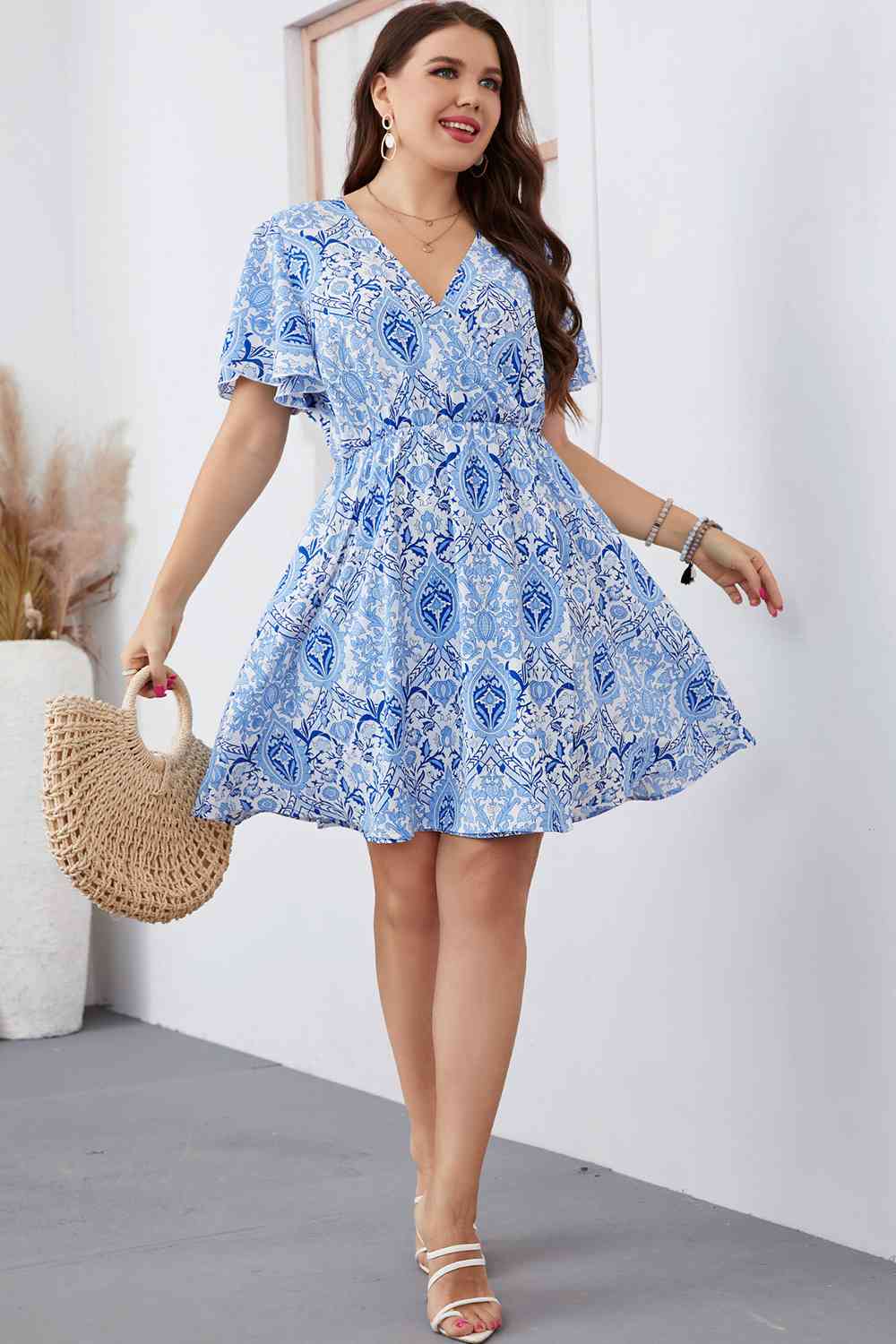 Plus Size Surplice Neck Flutter Sleeve Dress