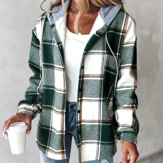 Ivyshape | Women Green Check Coat with Hood