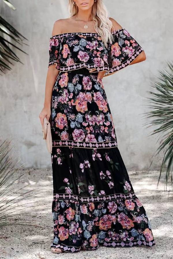 Ivyshape | Shoulder Printed Long Swing Dress