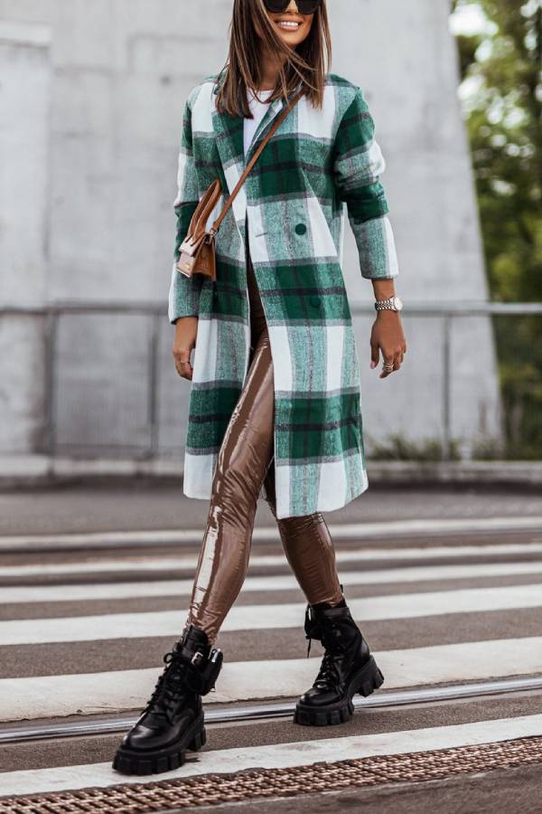 Ivyshape | Mid Length Double Breasted Plaid Print Woolen Coat