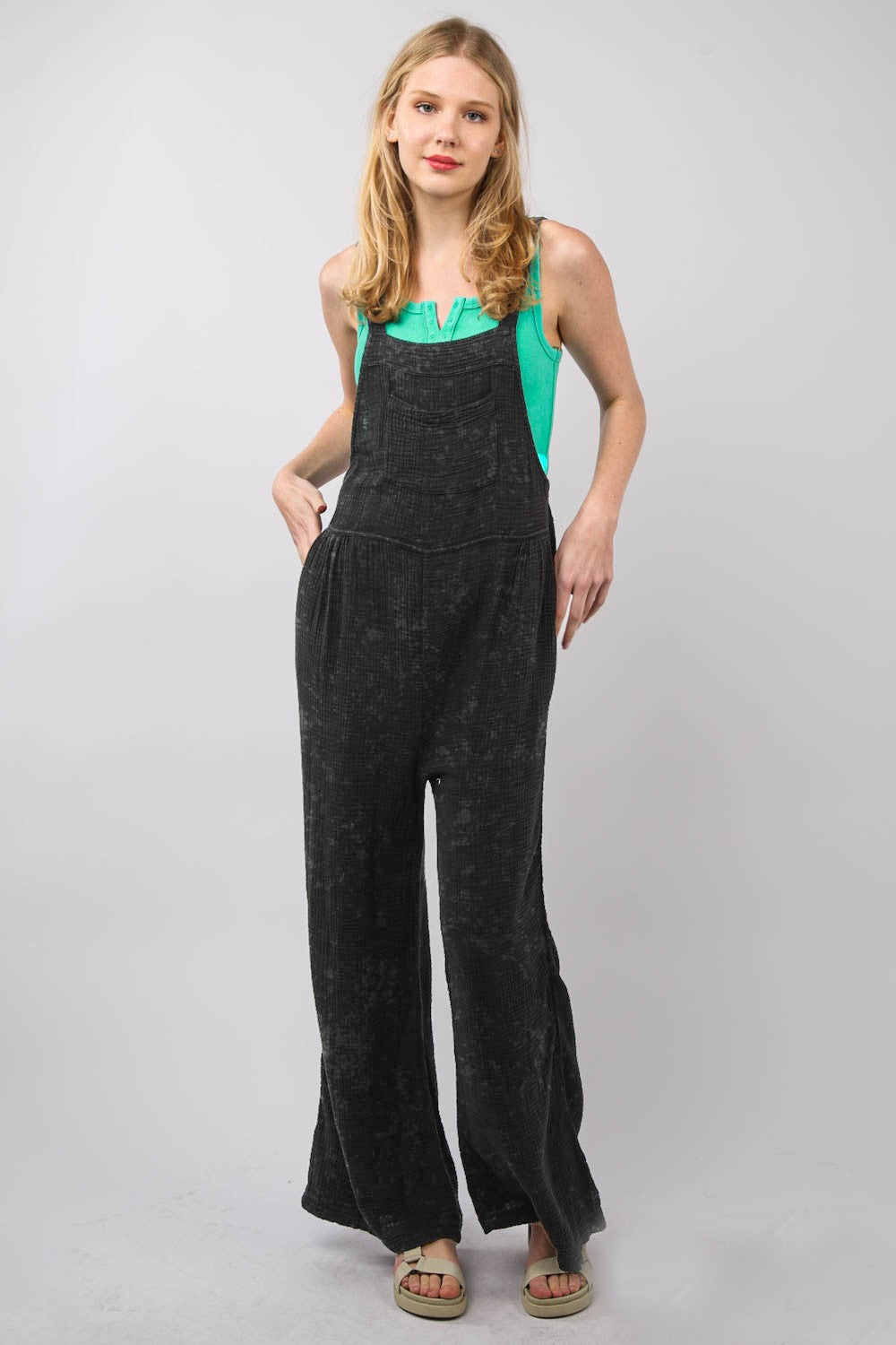 Ivyshape | Very J Texture Washed Wide Leg Overalls