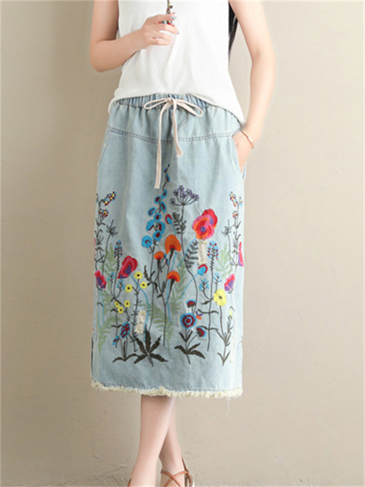 Denim Embroidery Long Skirts