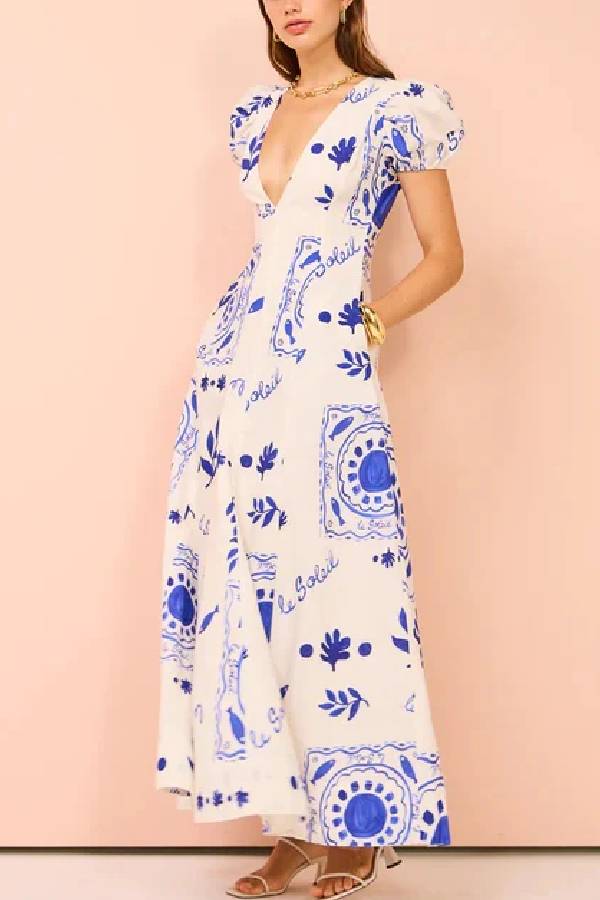 Ivyshape | The Glamour Linen Blend Unique Print Puff Sleeve Pocketed Maxi Dress