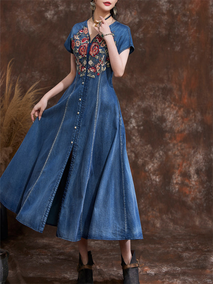 Summer Ethnic Style V-neck Embroidered Denim Dresses