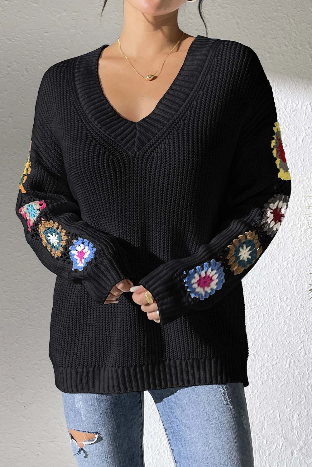 Ivyshape | Crochet Flower Splicing V-Neck Pullover Sweater