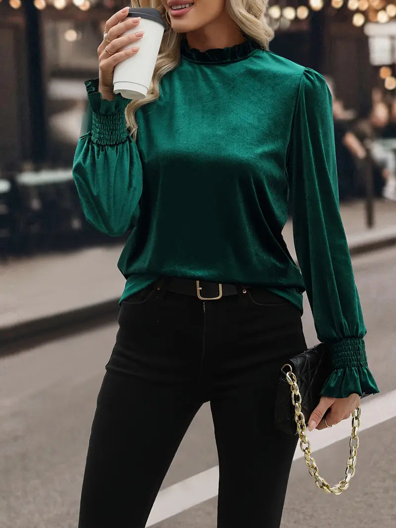 Ivyshape | Velvet Top with Ruffle Sleeves