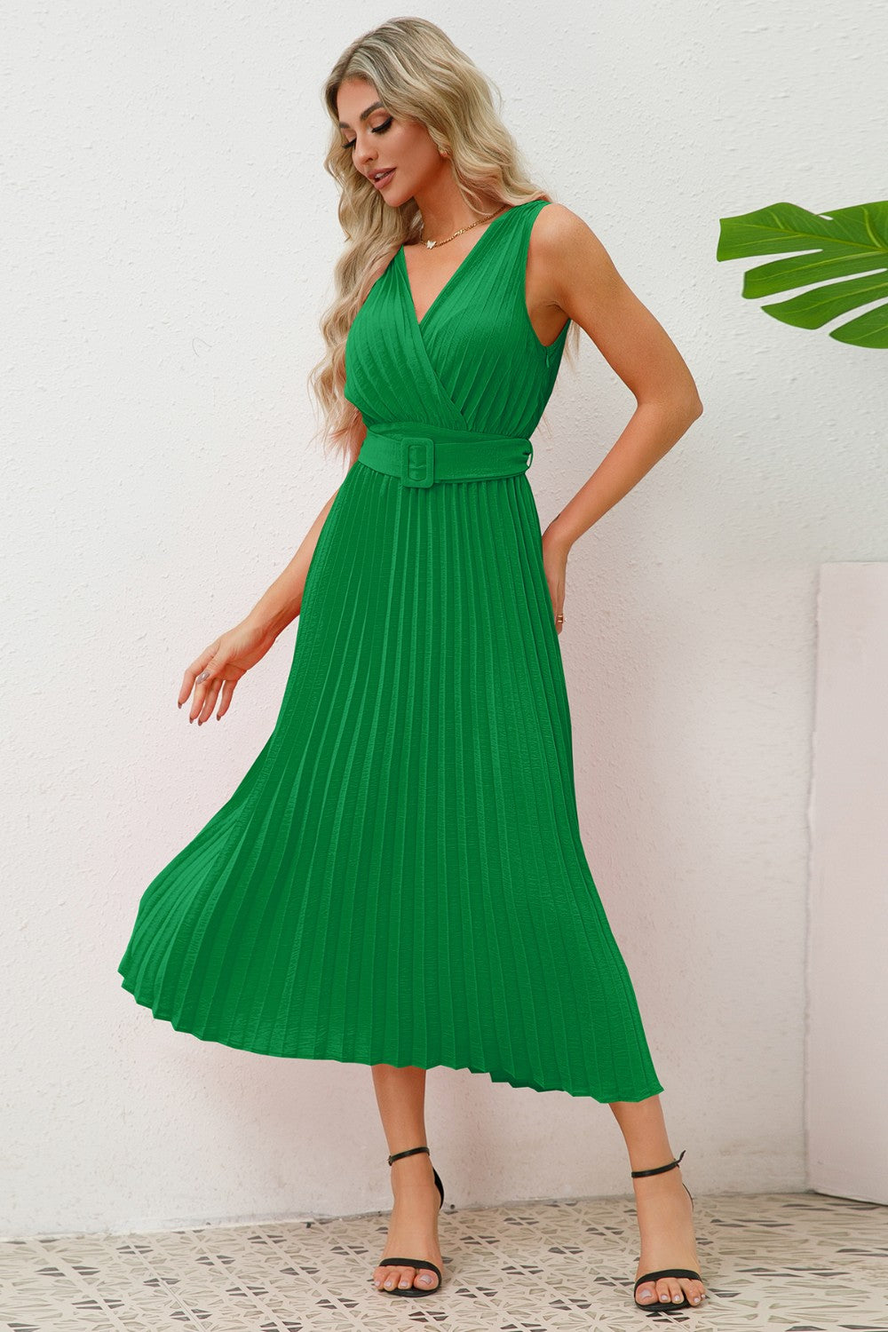 Ivyshape | Surplice Sleeveless Midi Pleated Dress