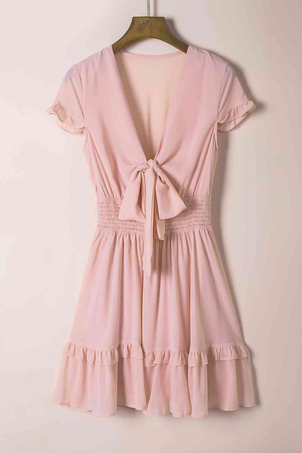 Smocked Waist Tied Ruffle Hem Dress