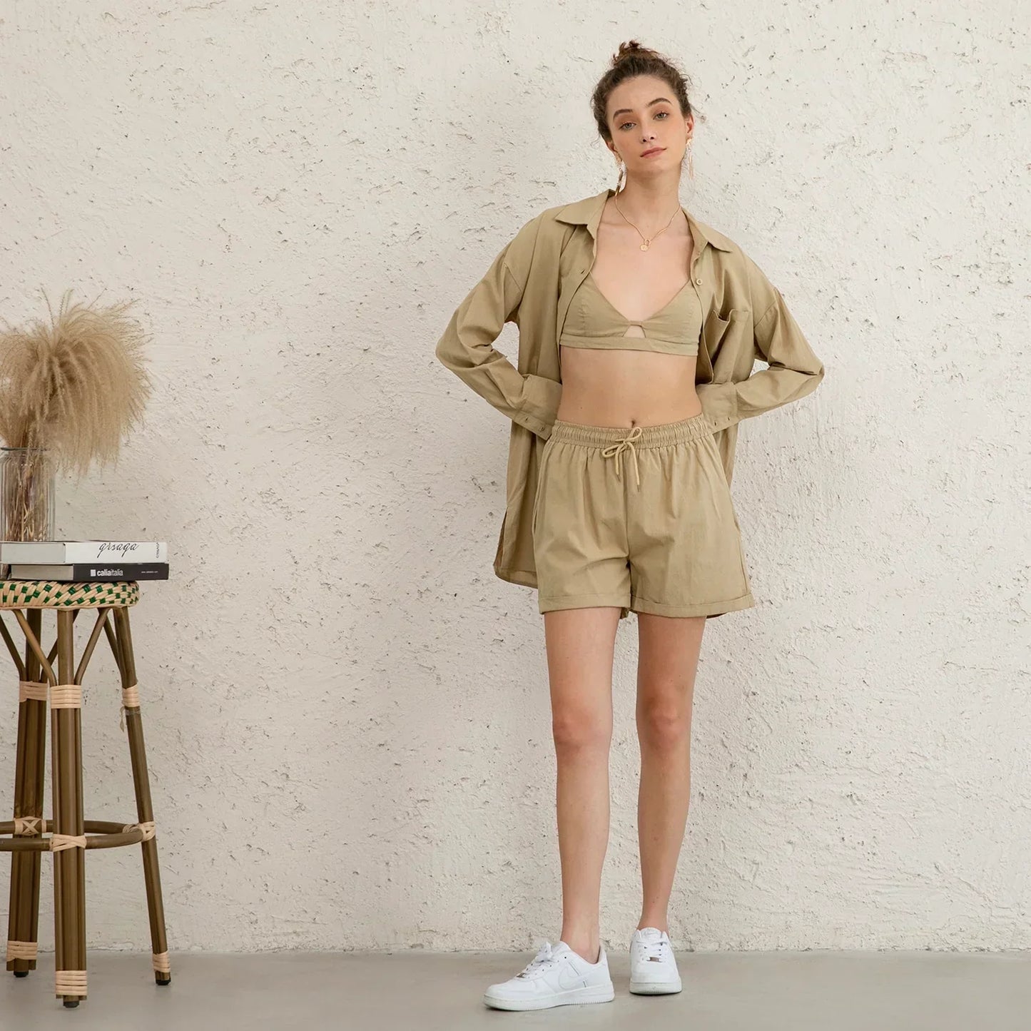 3-pieces Set In Khaki (bustier top + shirt + shorts)