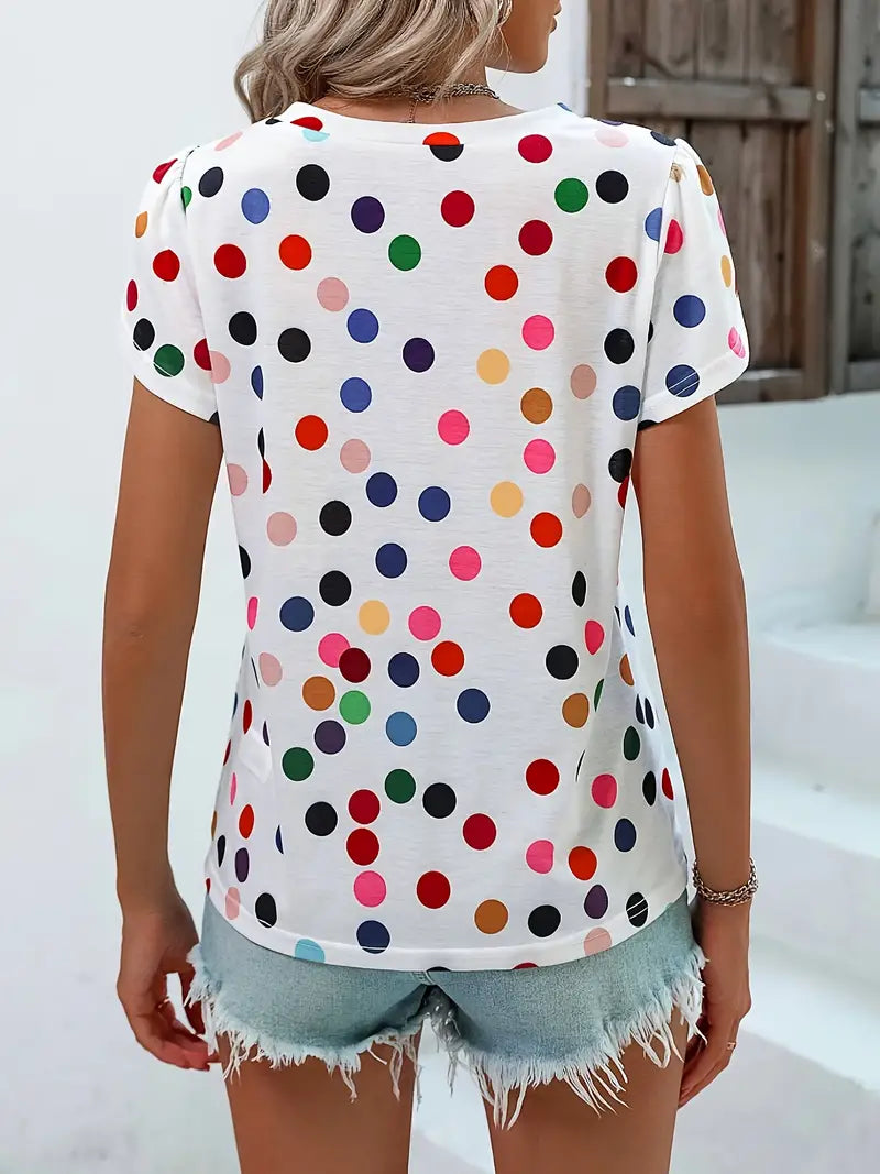 Ivyshape | Multicolored Polka Dot T-Shirt with V-Neck