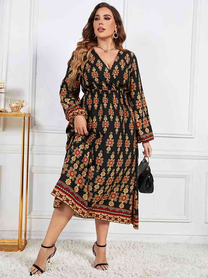 Plus Size Printed V-Neck Surplice Neck Dress