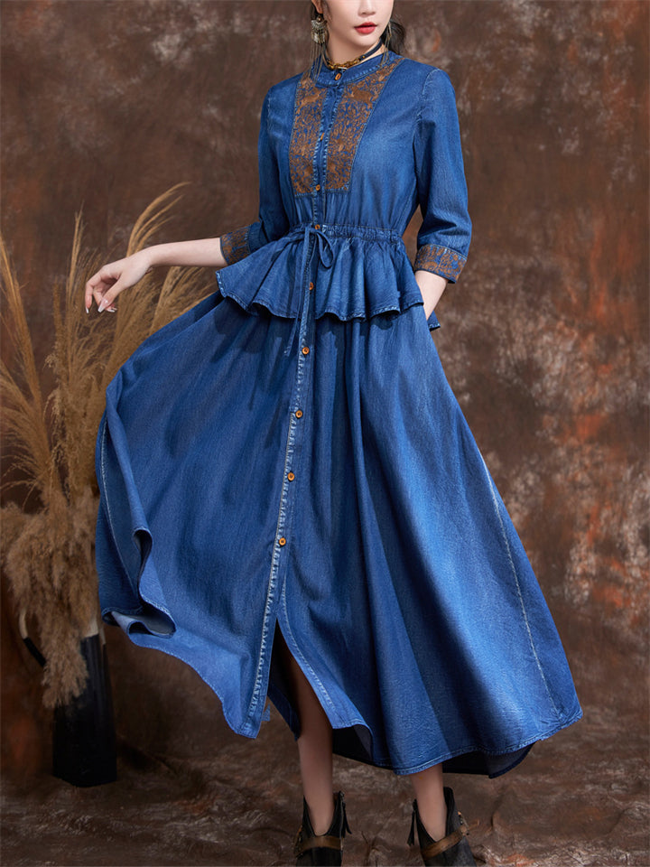 Female Elegant Lace-up Spring Summer 3/4 Sleeve Denim Dress