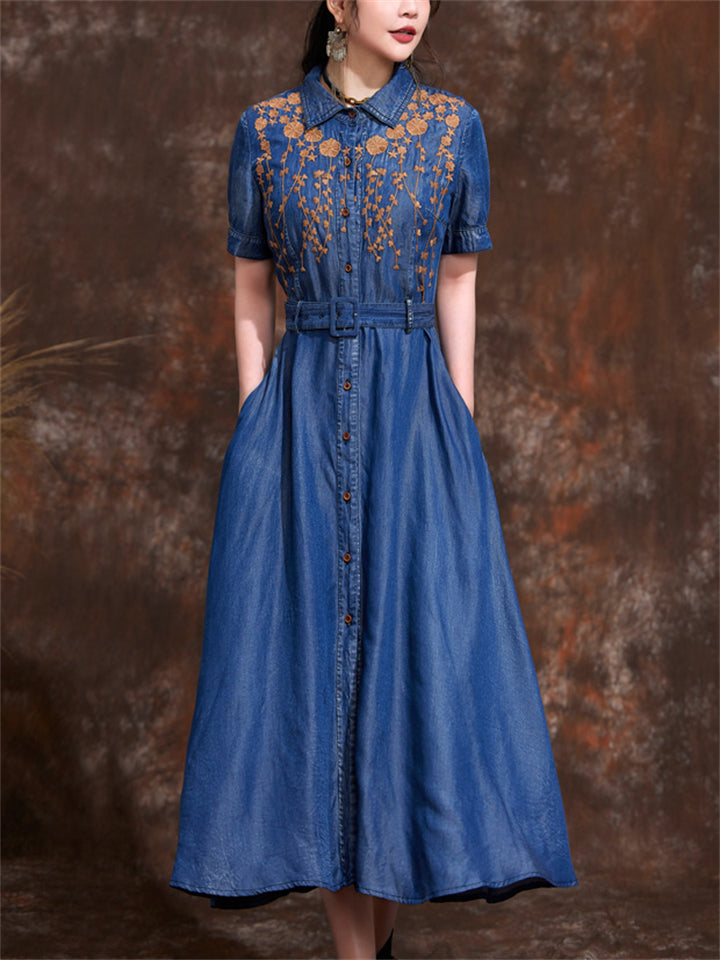 Orange Leaf Embroidery Lapel Button Blue Denim Dress