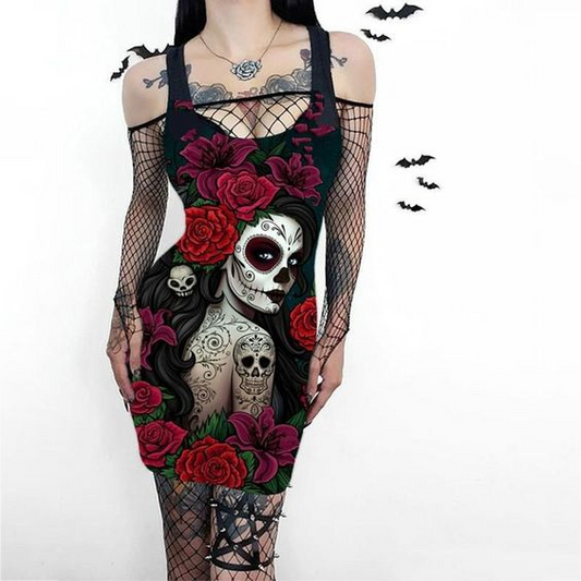 Mexican Skull Girl Print Sexy Grid Sleeve Dress