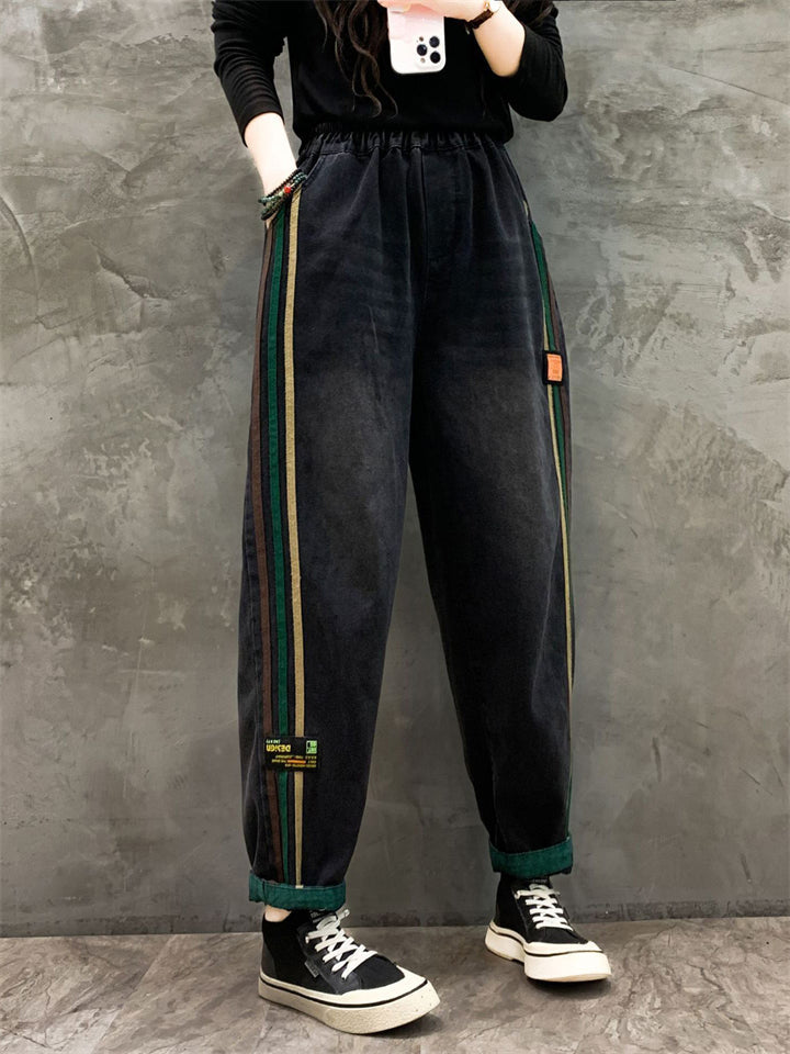 Stylish Color Stripe Washed Denim Harem Pants