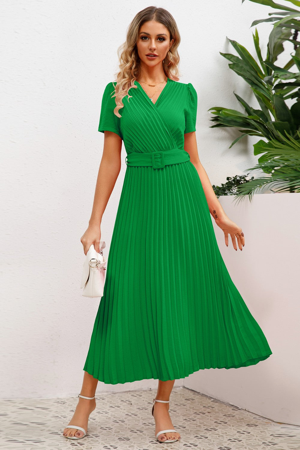 Ivyshape | Pleated Surplice Short Sleeve Midi Dress