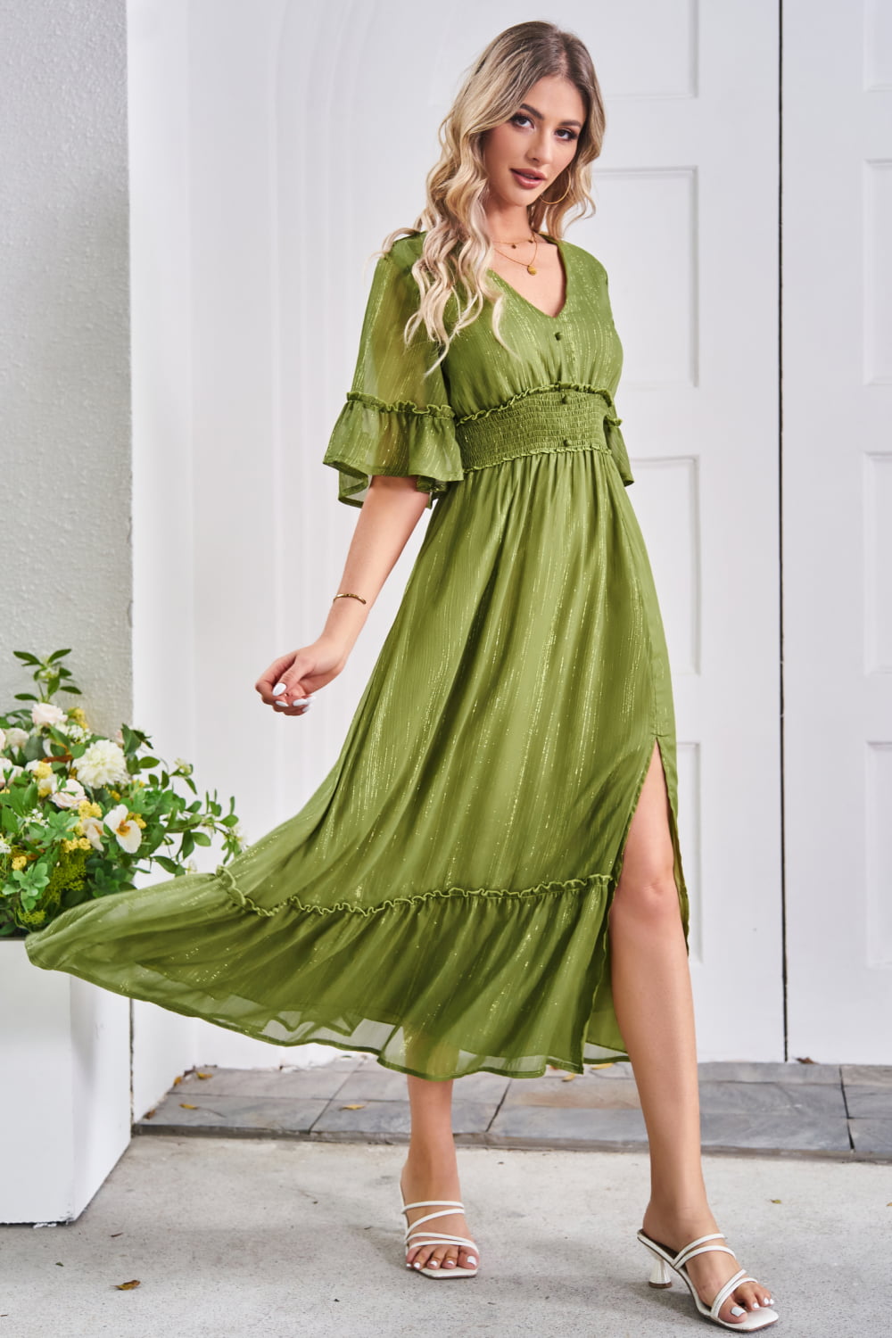 Ivyshape | V-Neck Flounce Sleeve Smocked Waist High Slit Dress