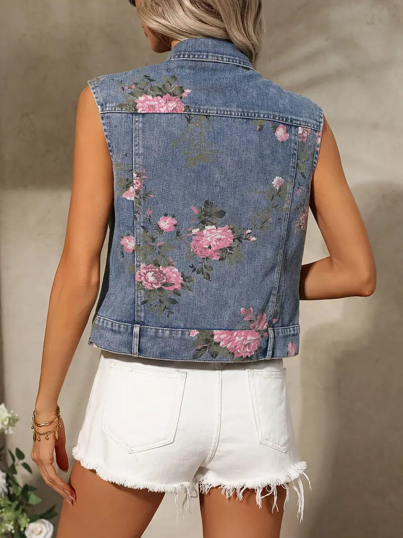 Ivyshape | Women’s denim vest with floral pattern and sleeveless