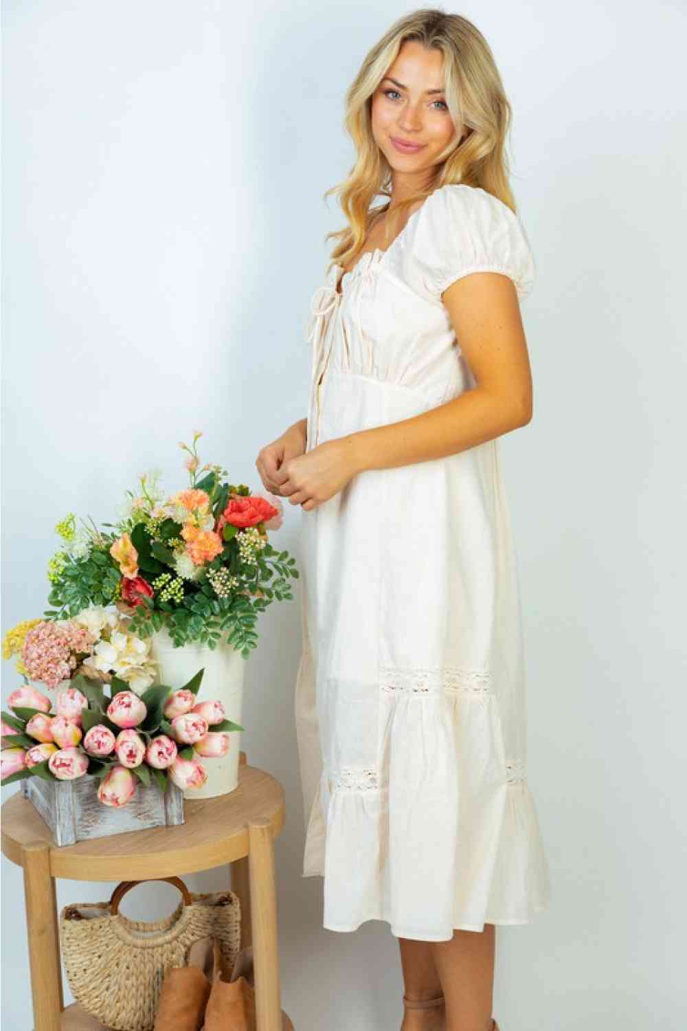 White Birch Flower Market Full Size Lace Trim Midi Dress