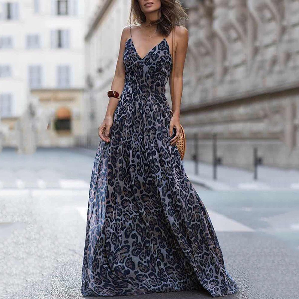 Leopard Print Spaghetti Strap Maxi Long Dress